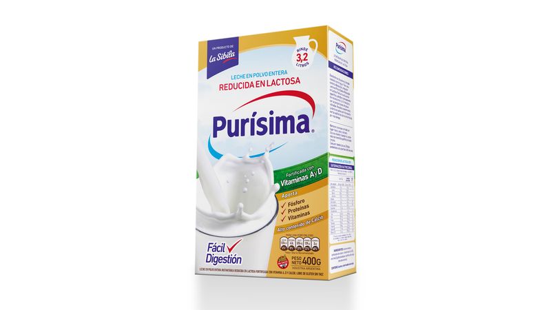 Leche en polvo Purísima DESLACTOSADA 400 grs x 12 unidades 0% Grasas y  Lactosa – Purisima