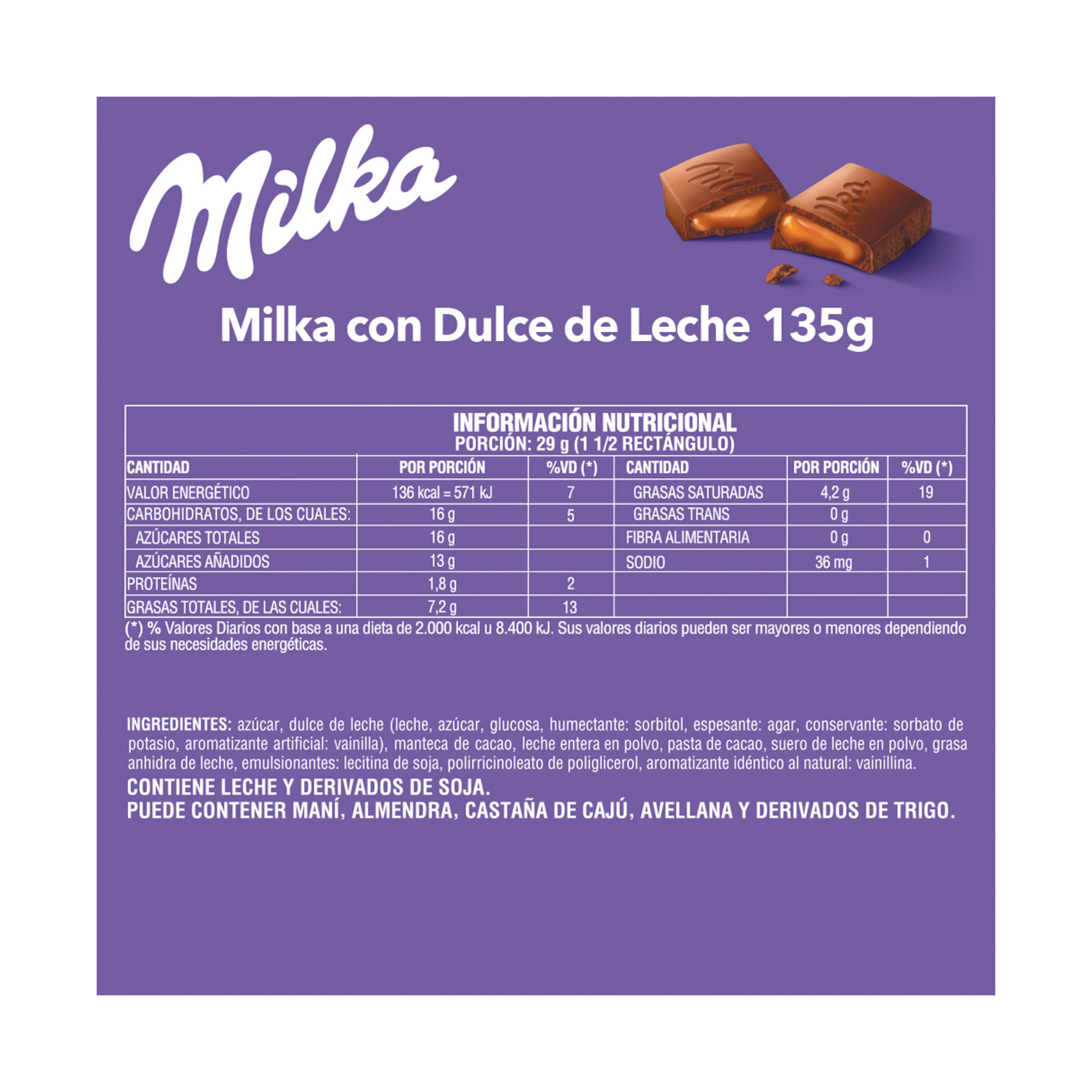 Milka Tableta de Chocolate con Dulce de Leche, 135 g